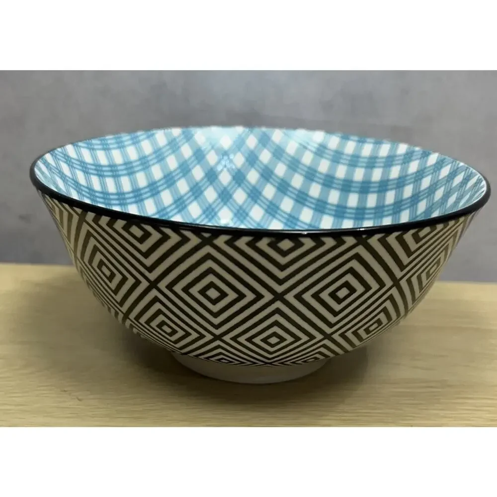 Dover & York Turquoise Lot of 2 Black Blue White Soup Cereal Bowl 6” Boho
